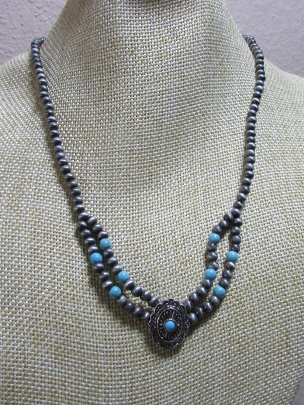 Hippie by JolliMolli Western Concho Navajo Style Pearl & Turquoise Necklace - JN